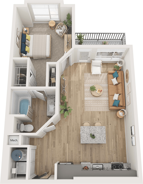 Floor plan for 1 bed, 1 bath, 769 sqft